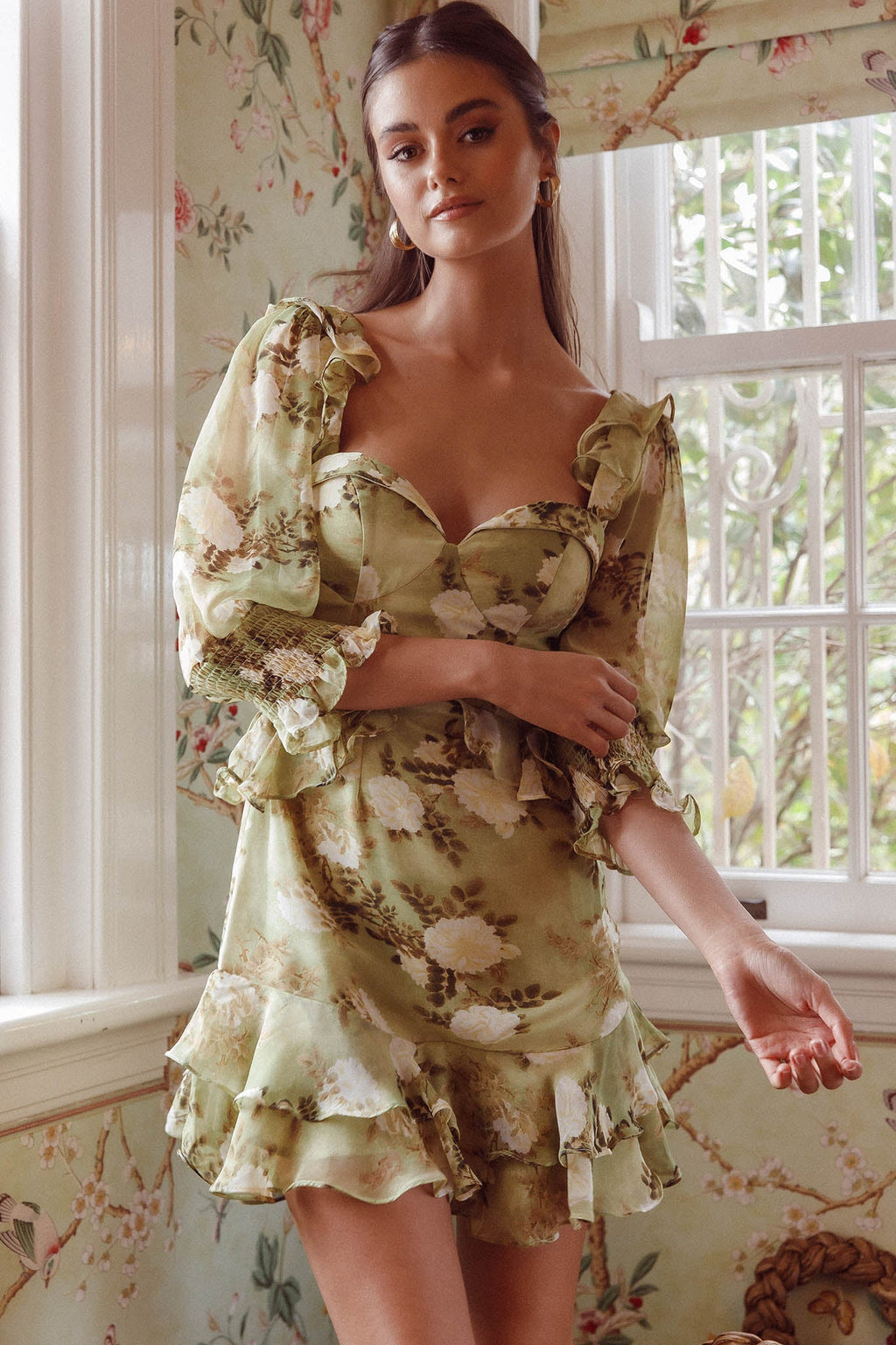 Desiree 3/4 Sleeve Sweetheart Neckline Frill Dress Floral Green