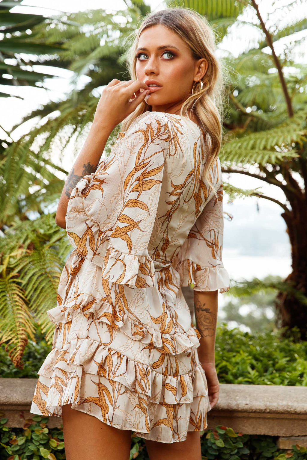 Time Will Tell Angel Sleeve Frill Detail Dress Leaf Print Beige