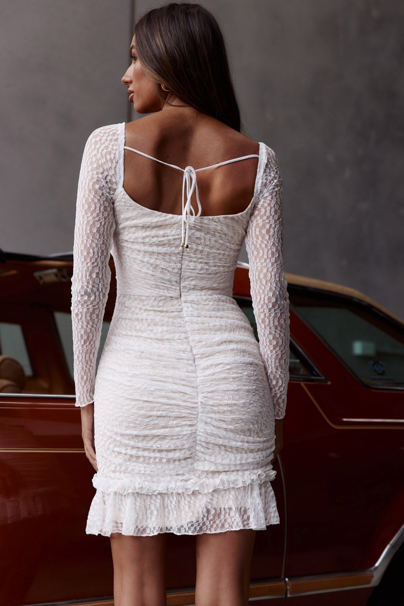 Tamara V-Neckline Ruched Long Sleeve Lace Mesh Dress White
