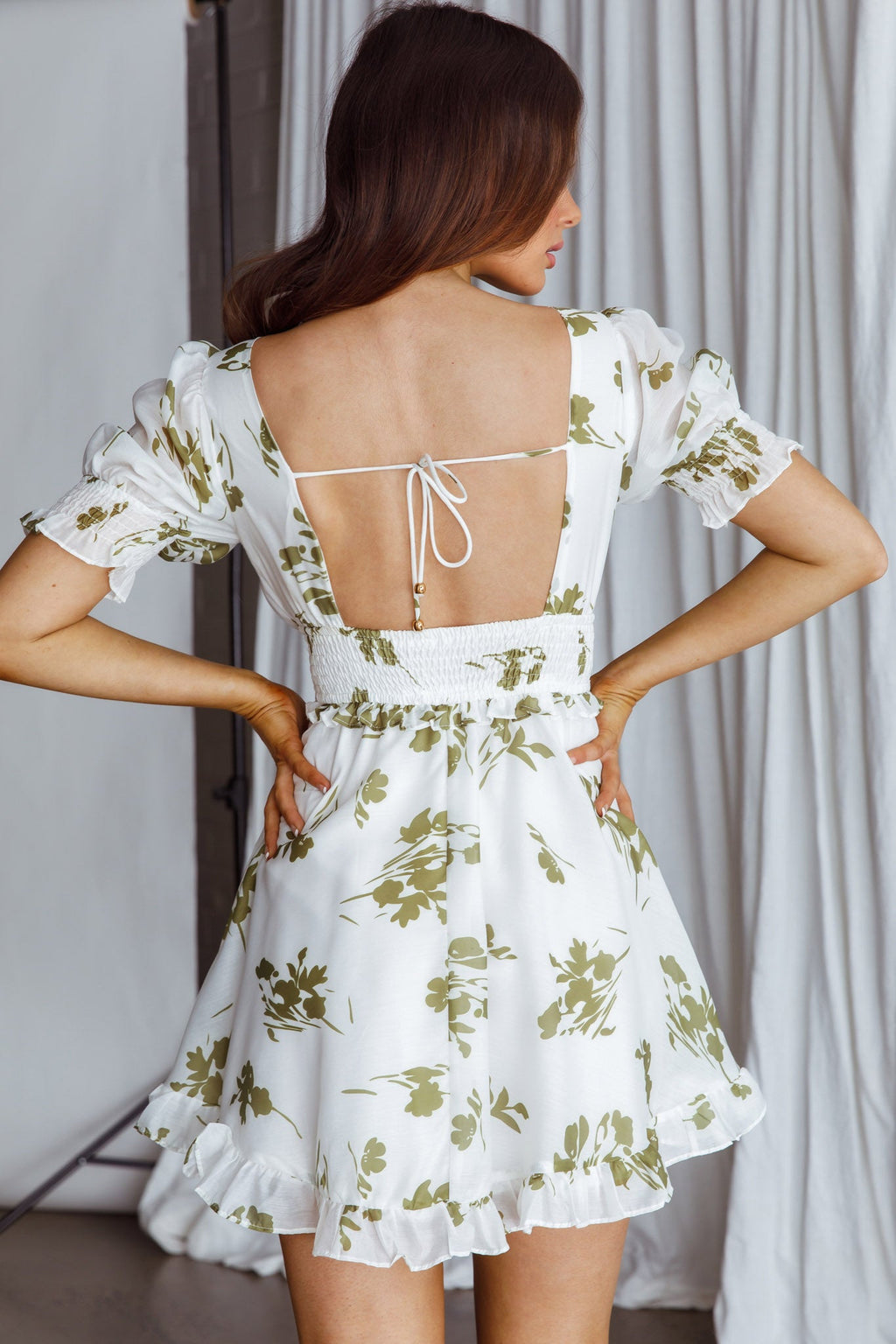 Summer In Paris Puff Sleeve Open Back Dress Floral Olive