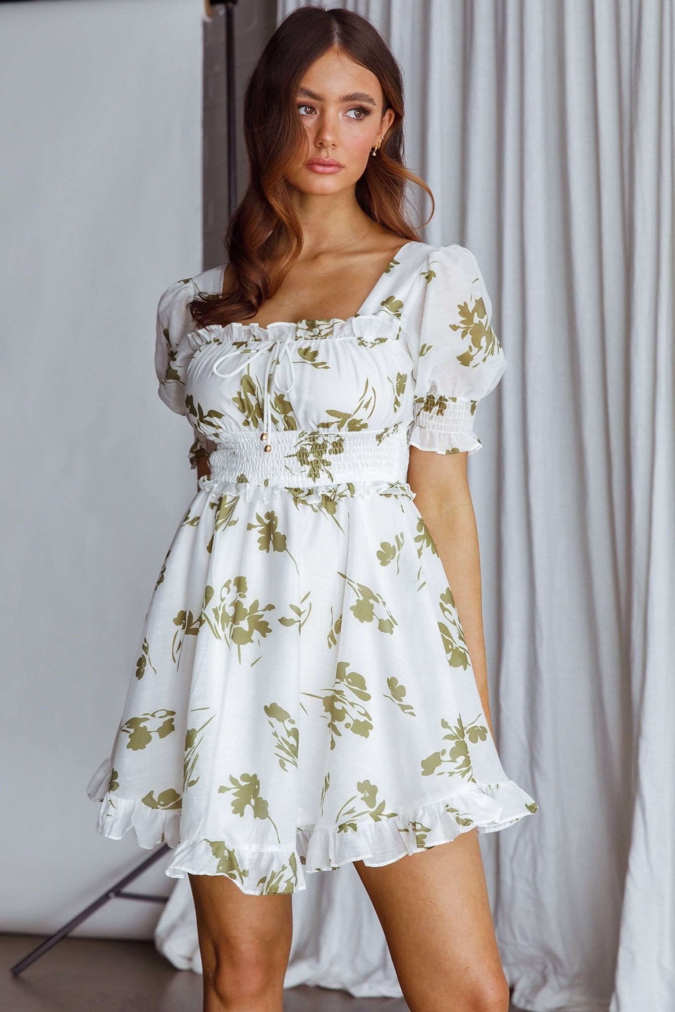 Summer In Paris Puff Sleeve Open Back Dress Floral Olive