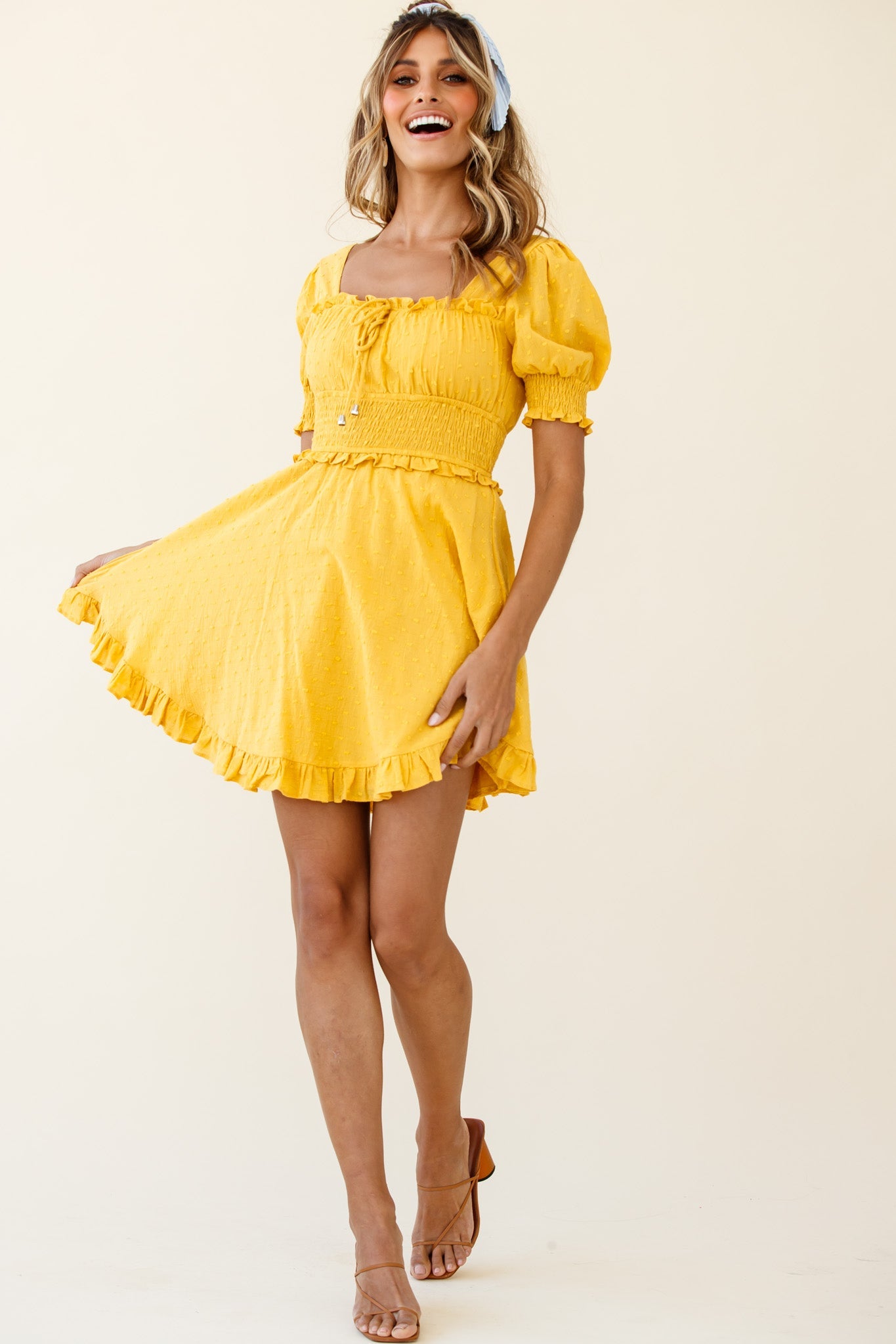 Summer In Paris Puff Sleeve Open Back Dress Mustard