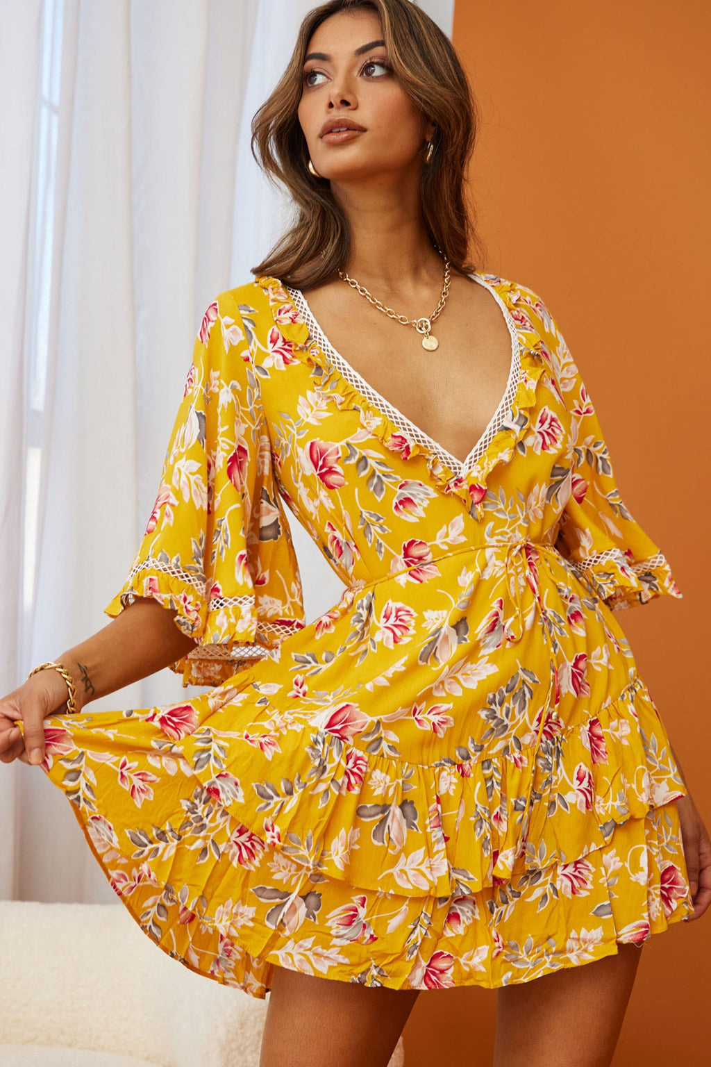 Lotus Crochet Trim Angel Sleeve Dress Floral Print Mustard
