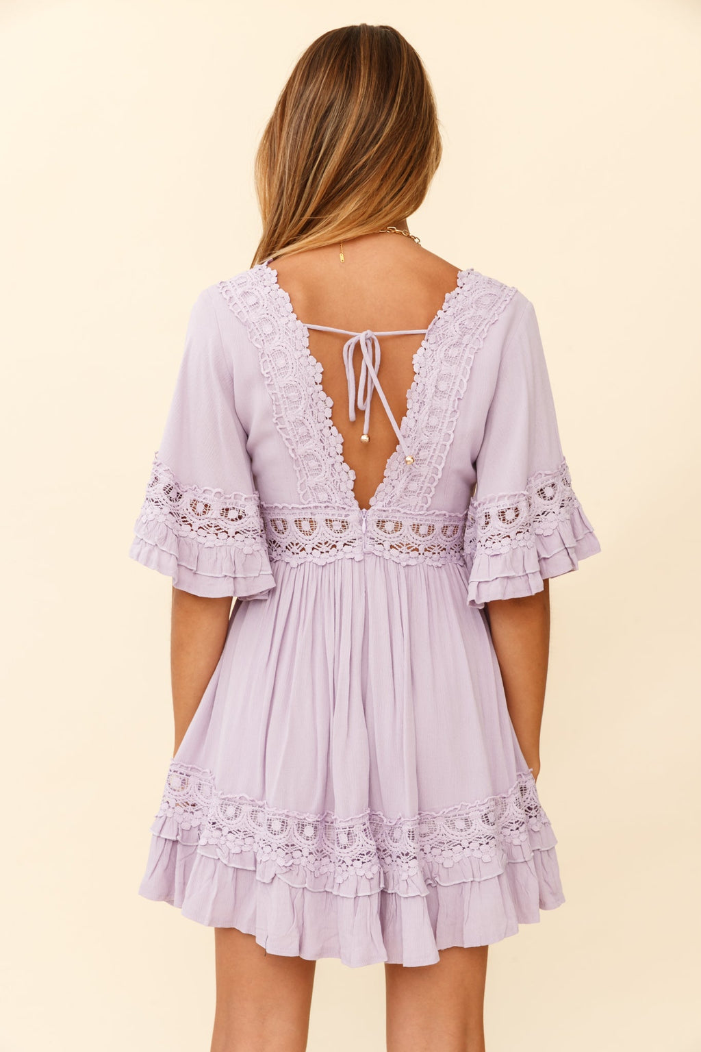 Kauai V-Neckline Crochet Lace Trim Dress Lilac