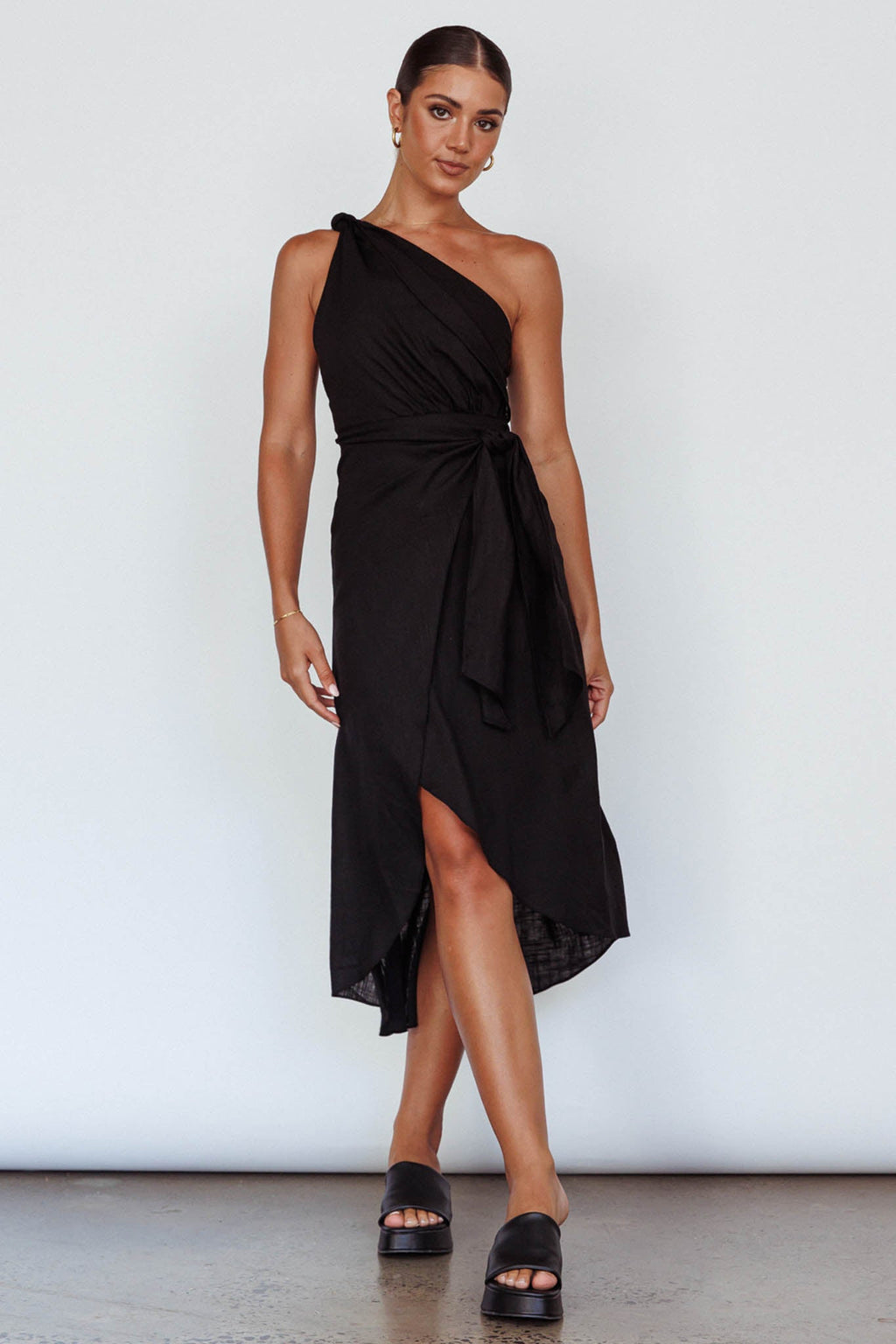 Island Time One-Shoulder Midi Dress Black