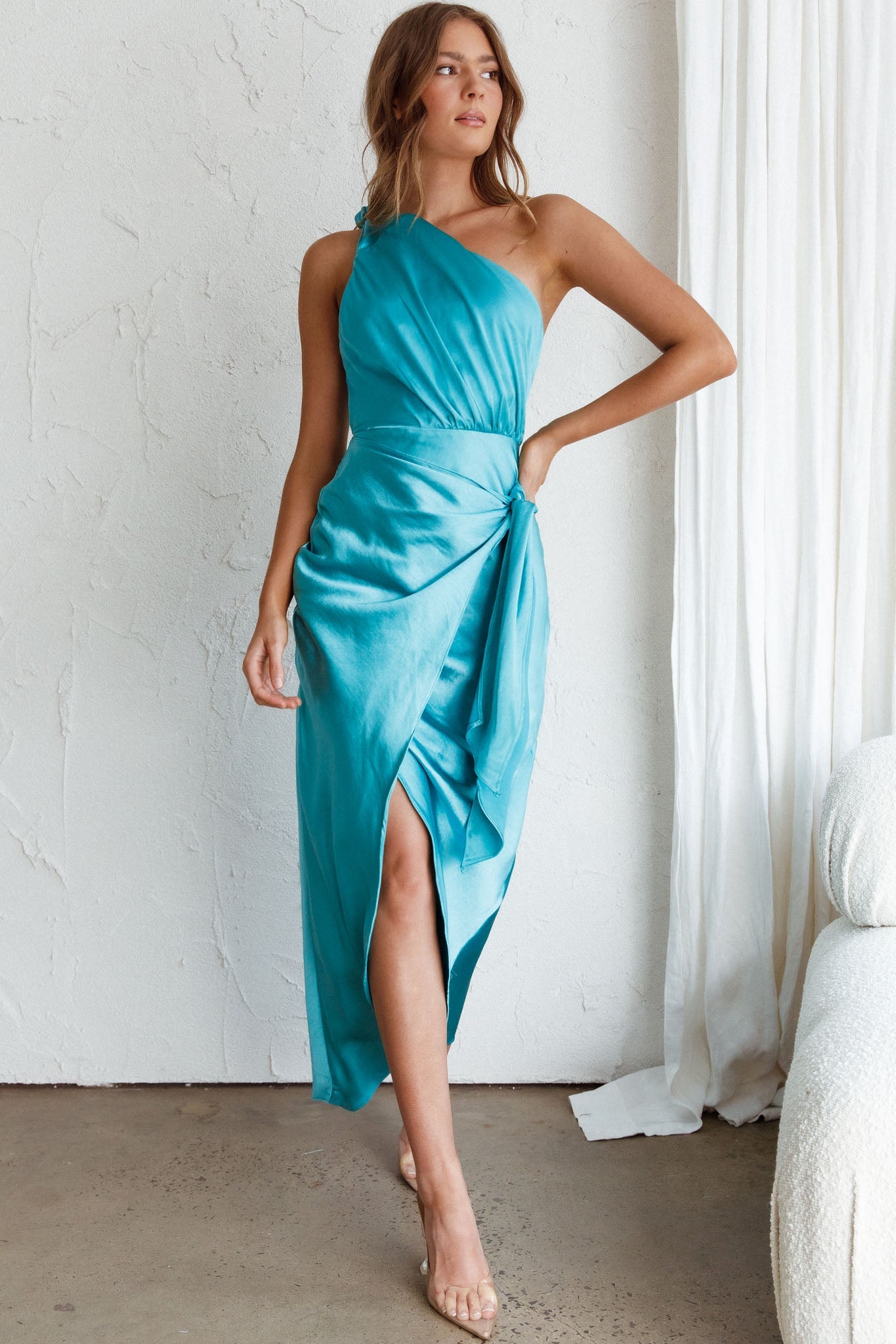 Island Time One-Shoulder Midi Dress Satin Aqua