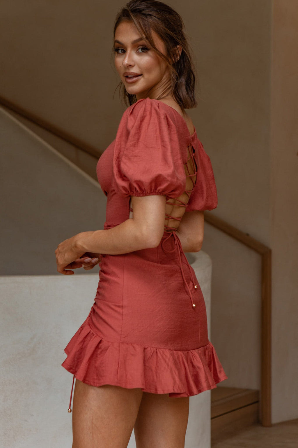 Rhode Puff Sleeve Strappy Back Dress Rose