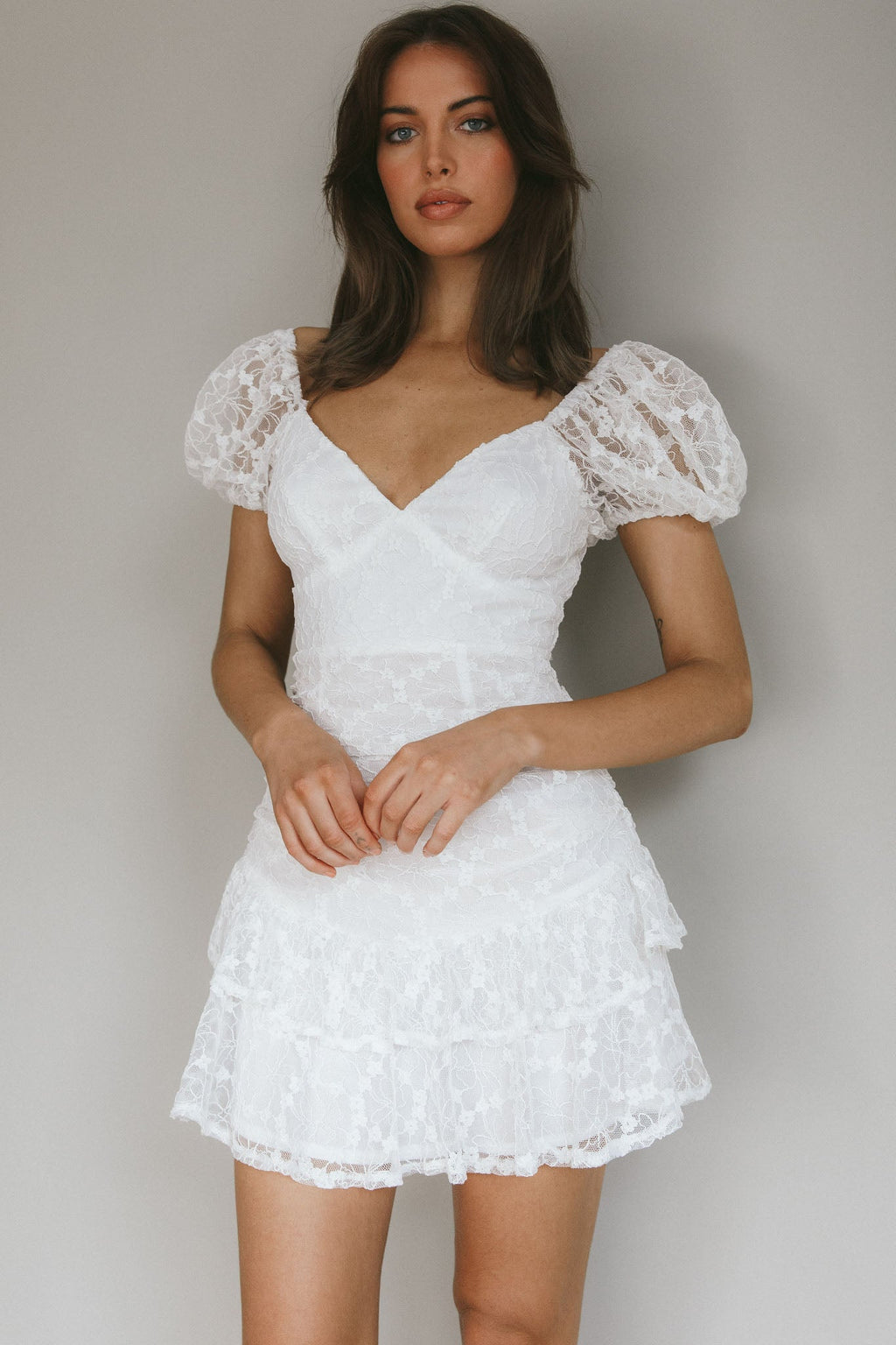 Annabella Puff Sleeve Tied Back Lace Dress White