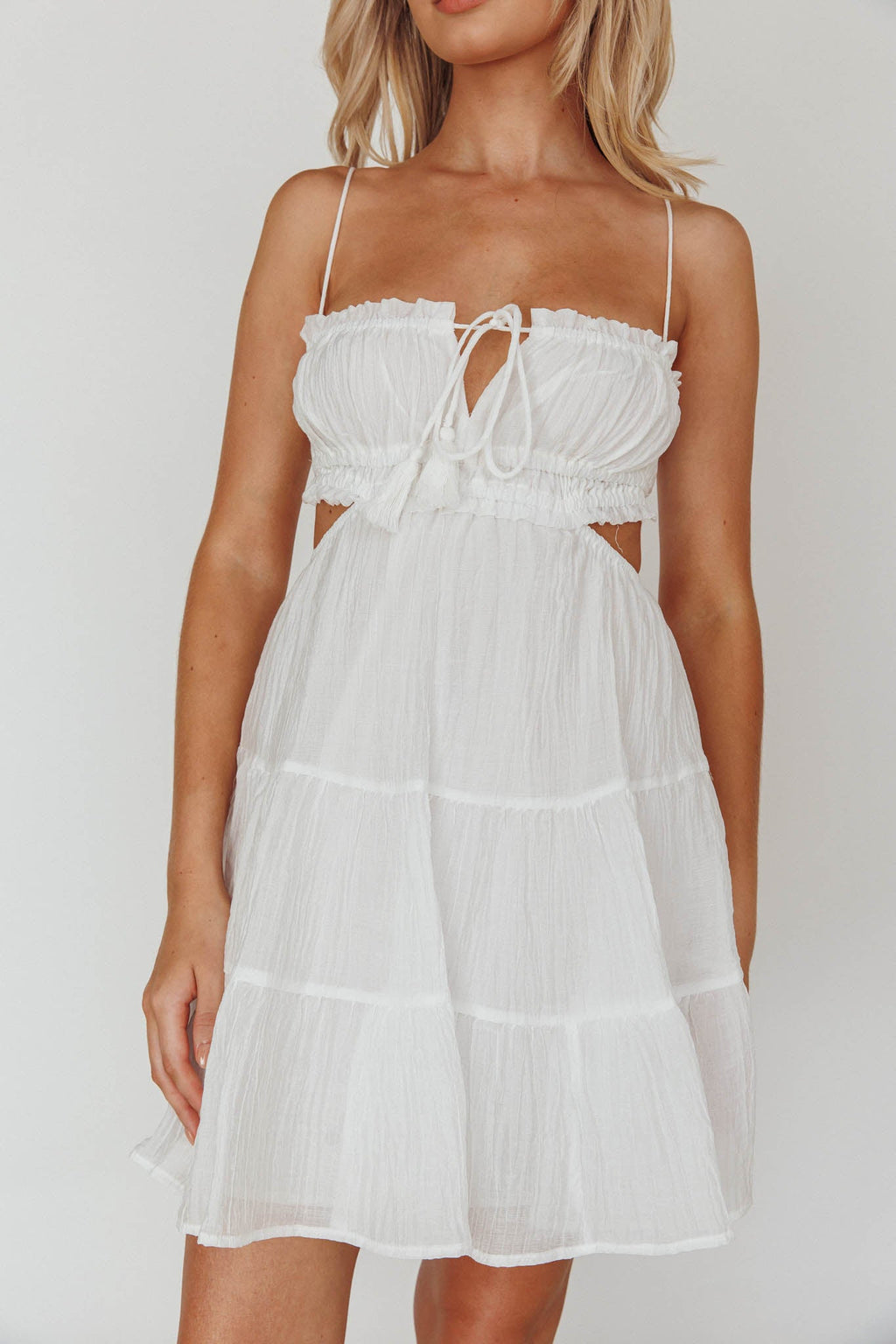 Eyona Cut-Out Waist Tie Mini Dress White