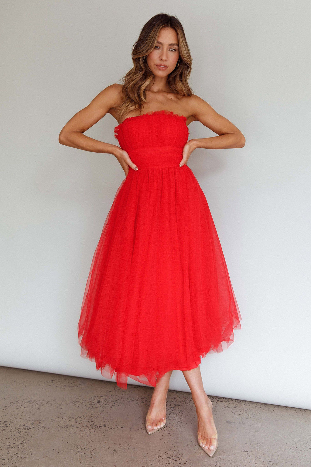 Fayette Strapless Mesh Midi Dress Red