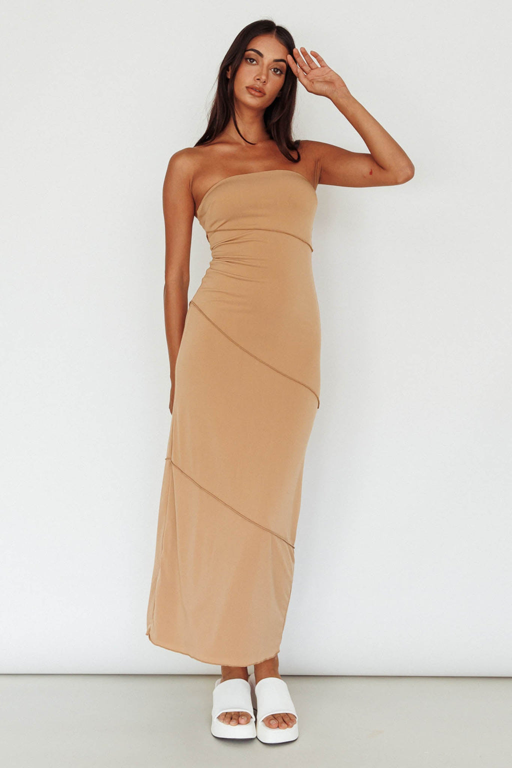Making Headlines Strapless Midi Dress Camel