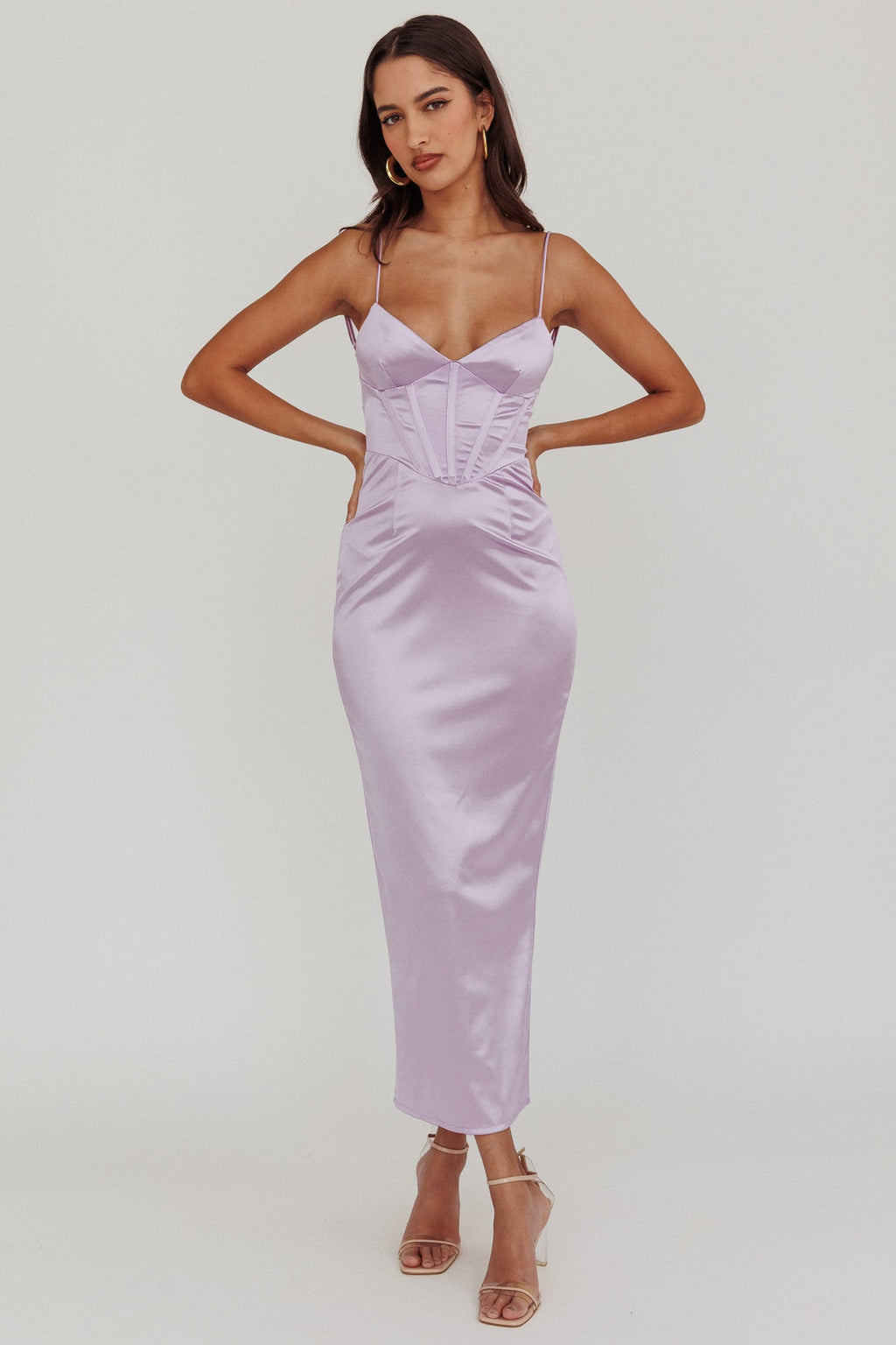 Seraya Lace-Up Back Satin Maxi Dress Lilac