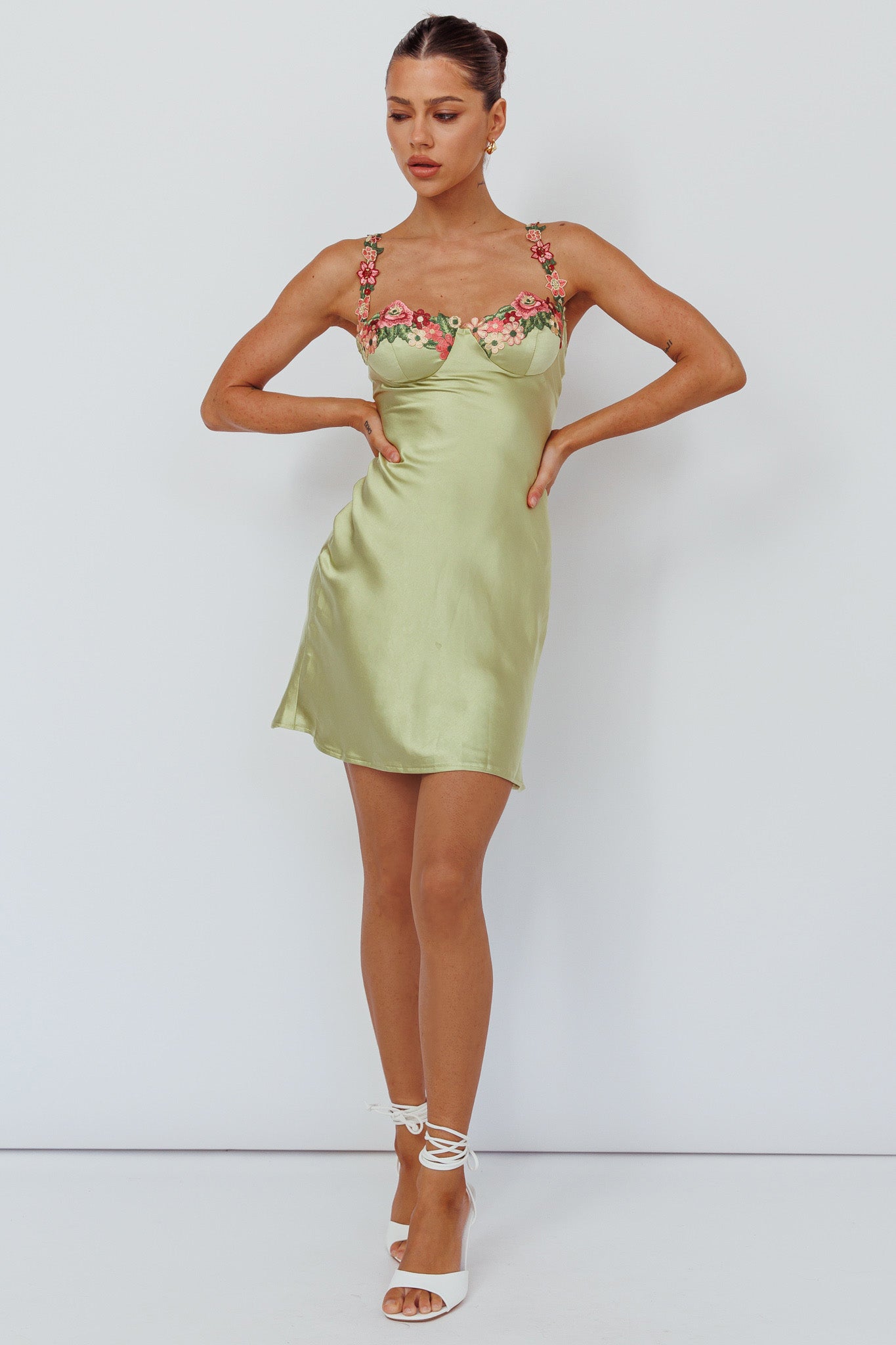 Rose Garden Floral Applique Mini Dress Lime