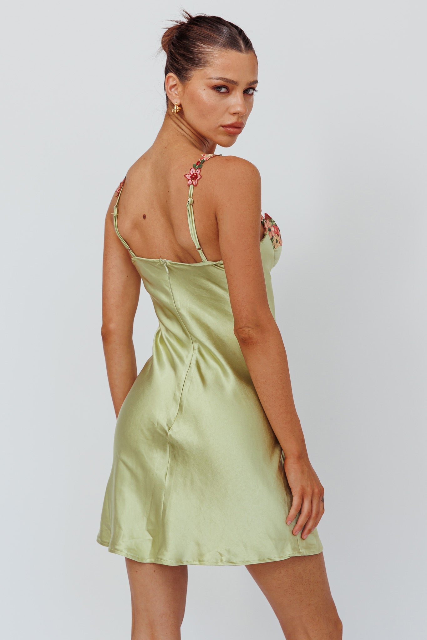 Rose Garden Floral Applique Mini Dress Lime