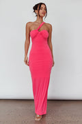 Trinny One-Shoulder Ruched Back Midi Dress Hot Pink