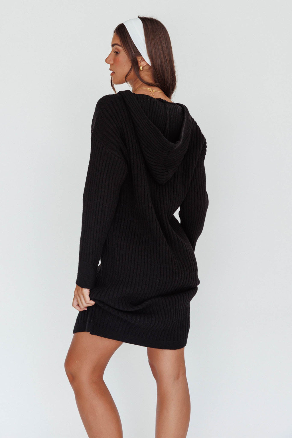 Autumn Hooded Sweater Midi Dress Black