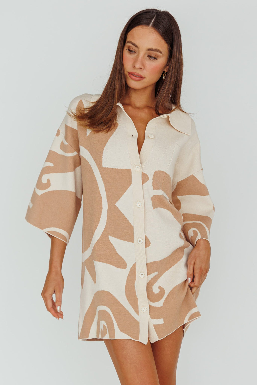 Nalani Button Up Knit Shirt Dress Sand/Wood