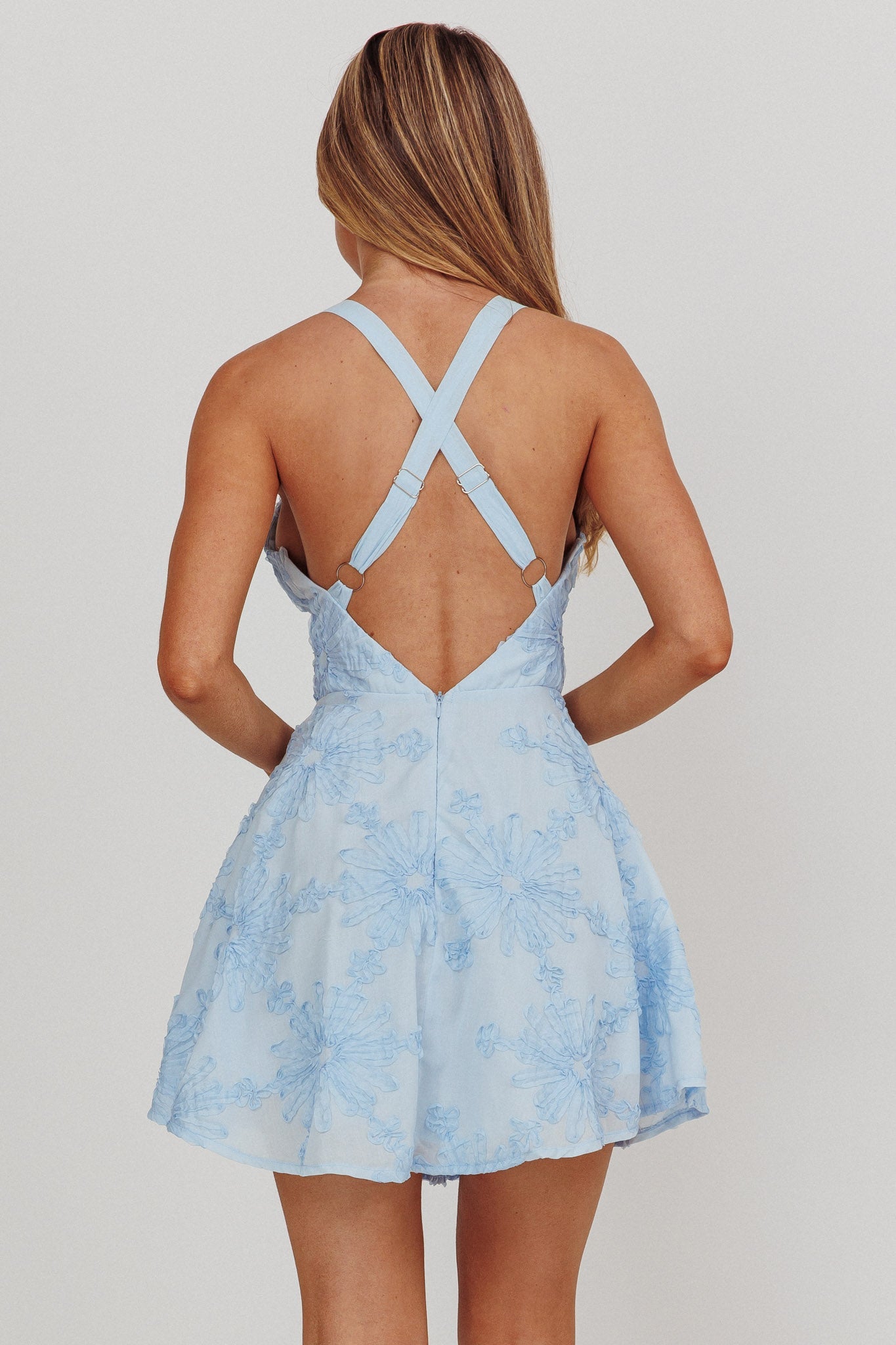 Lavalle Criss-Cross Floral Embellished Mini Dress Blue