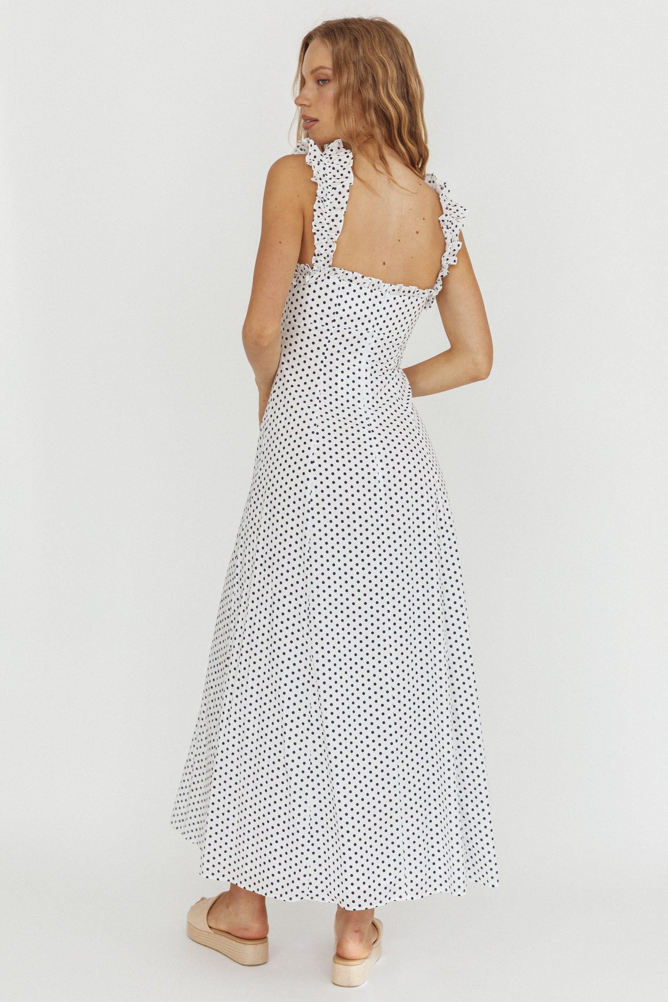 Warrior Sun Frill Strap Maxi Dress Navy Spot