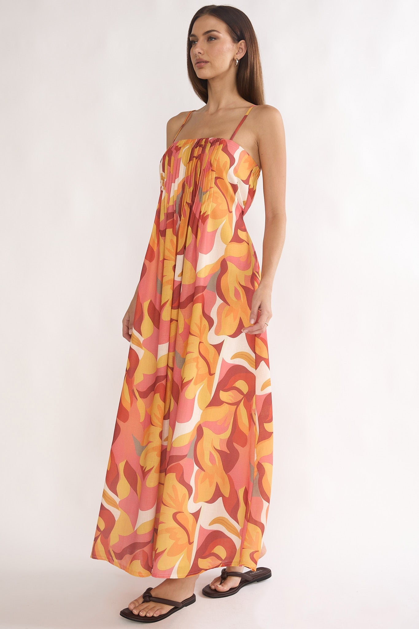 Lysette Pintuck Pleat Maxi Dress Print Orange