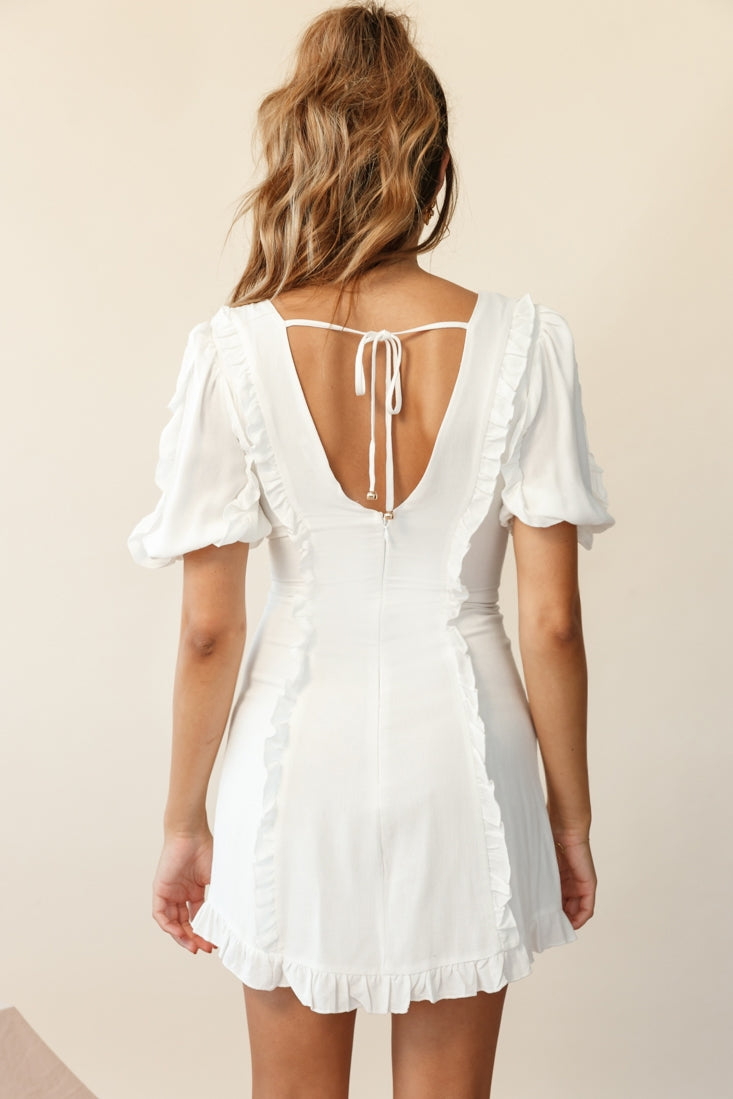 Maisy Puff Sleeve Frill Trim Dress White