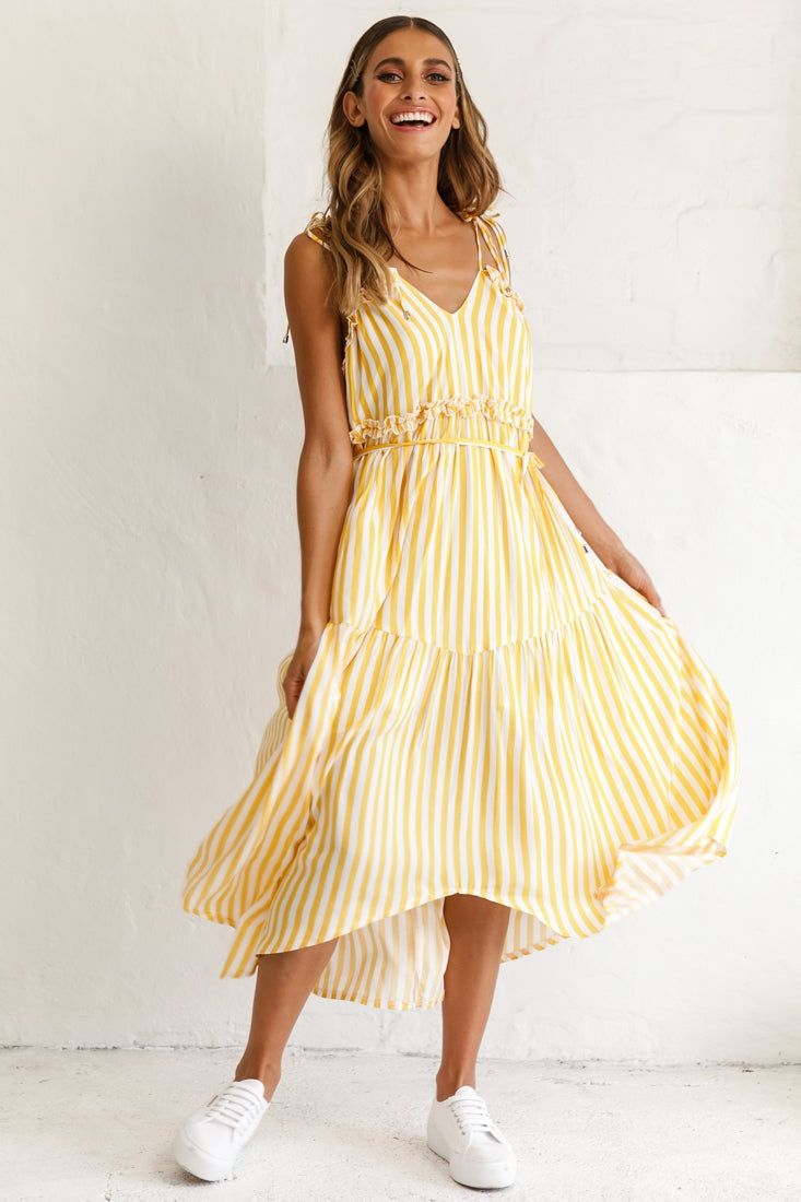 Santa Monica String Tie Maxi Dress Stripe Print Mustard