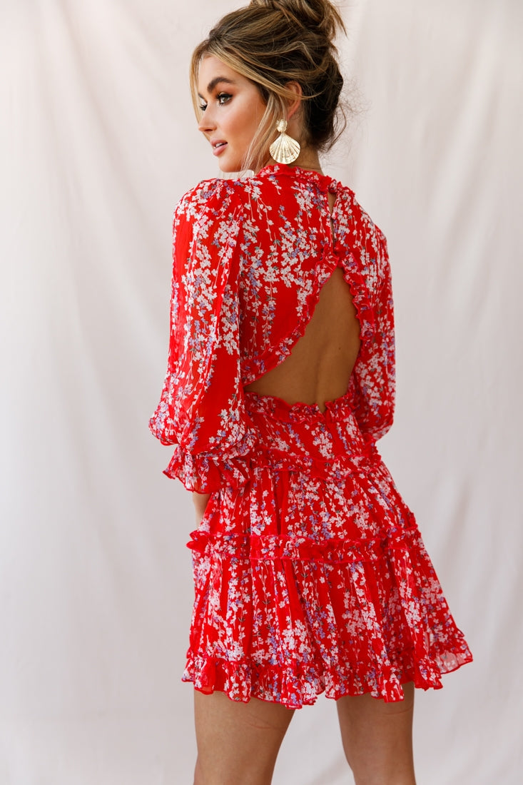 Laney Cutout Back Ruffle Detail Floral Dress Red