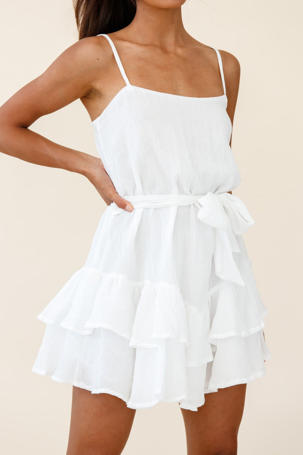 Wilshire Tiered Ruffle Hem Spaghetti Strap Dress White
